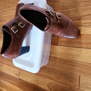 Clarks Sapphire Athena Tan Leather Double Buckle Heel Bootie Shoe 9.5 M EUC